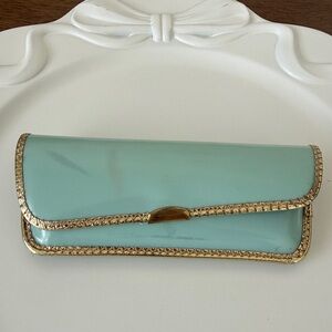 Vintage Tiffany Blue Patent Leather Eyeglasses Readers Case Gold Trim